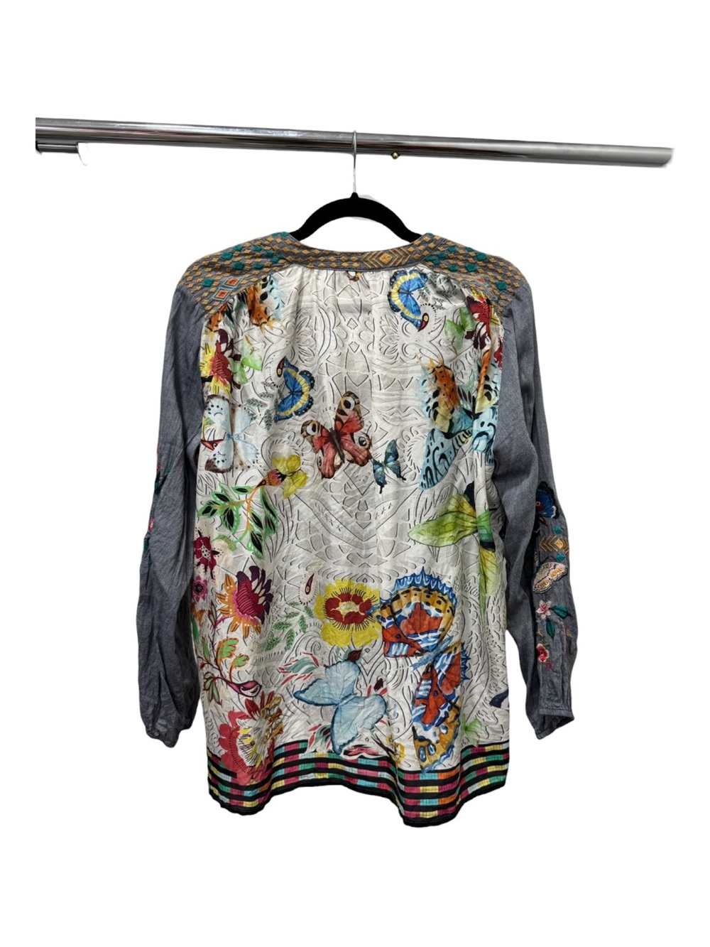 Johnny Was Gray Butterfly Floral Embroidered Linen Blend Boho Tunic Top M - Picture 3 of 5